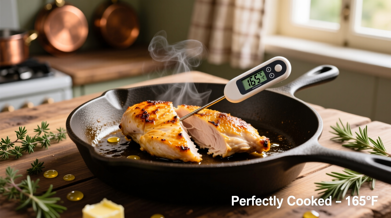 Perfectly cooked golden chicken breast in skillet with thermometer