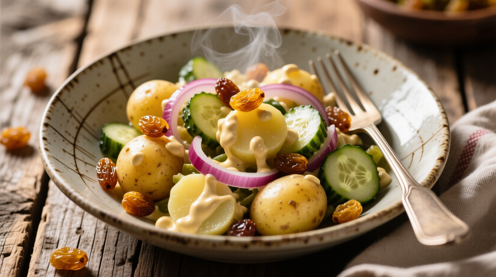 Golden raisins scattered on traditional German potato salad