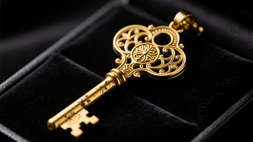 Close-up of a large ornate vintage-style gold key pendant resting on dark velvet, illuminated by dramatic studio lighting.