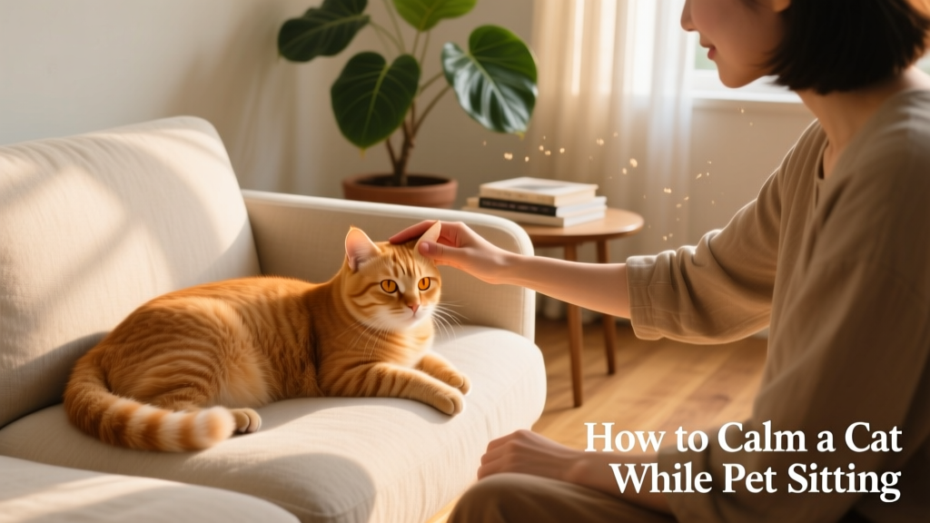A relaxed ginger cat receiving gentle head scratches from a seated person in a quiet home setting