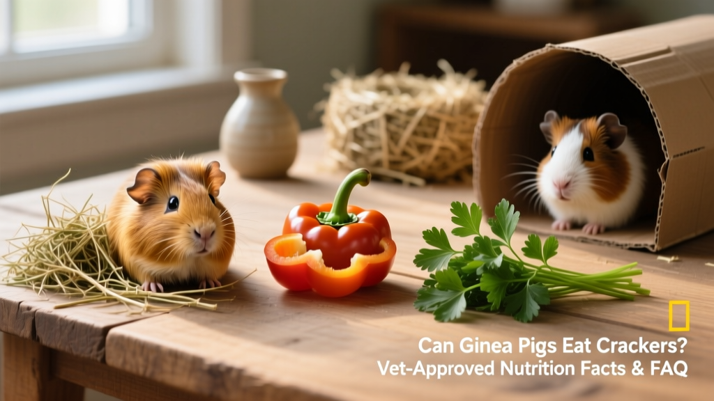 Side-by-side comparison of healthy guinea pig food staples: timothy hay, bell pepper slices, and parsley sprigs