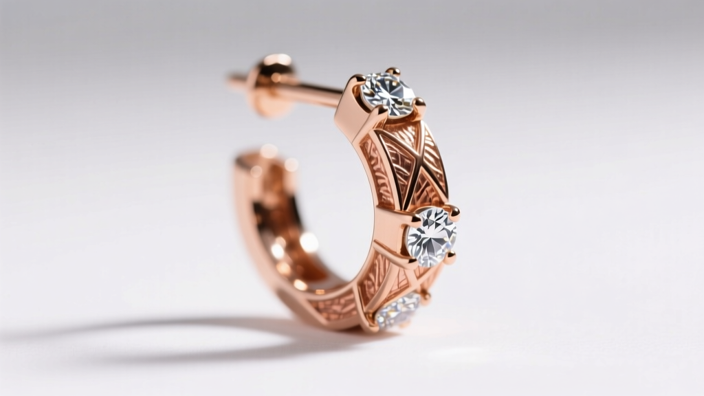 Macro photo of 18k rose gold tension earring showing copper alloy grain and diamond placement under bright studio lighting setup.