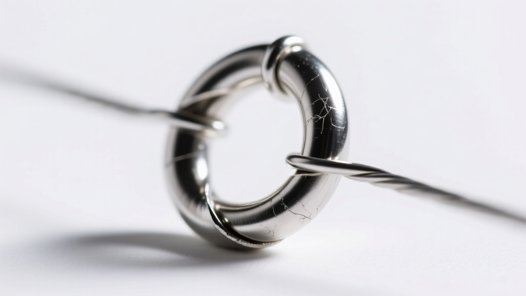 Macro shot of a 2x2mm silver crimp tube folded into a U-shape, securing a .015-inch steel wire under bright studio light.