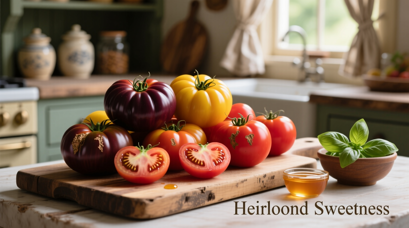 Ripe heirloom tomatoes arranged for dessert preparation