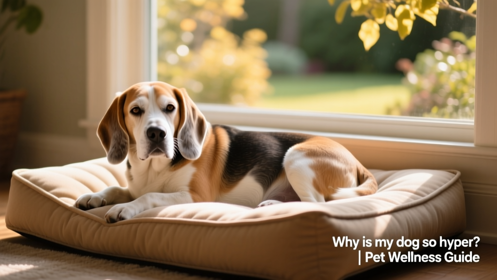 Senior beagle resting peacefully on a memory foam dog bed beside a window with soft light