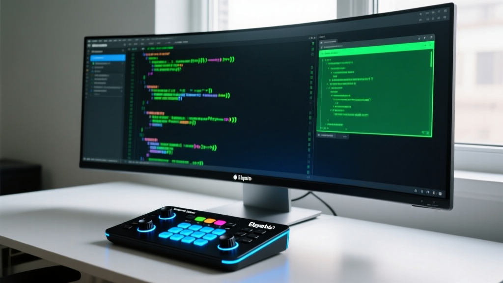 Elgato Stream Deck Plus with LCD dials and customizable buttons sitting next to a curved ultrawide monitor displaying coding software