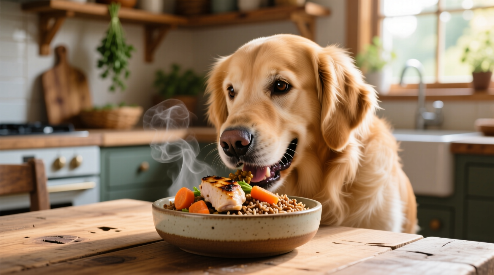 Dog eating healthy homemade food from bowl