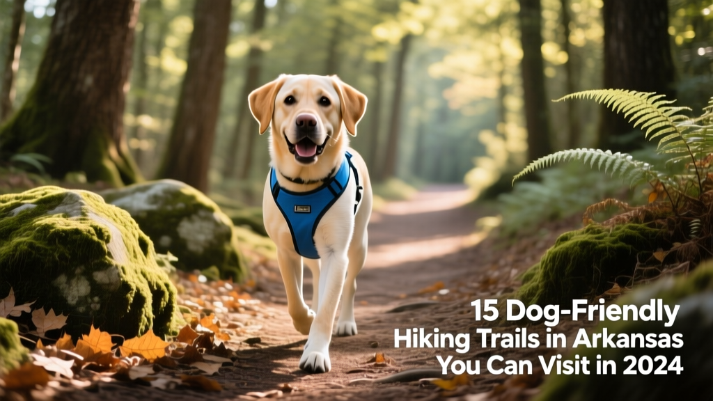 A happy dog on a shaded forest trail in Arkansas, wearing a lightweight harness and looking alert and engaged