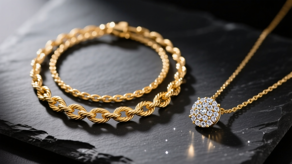 Overhead flat-lay of three layered gold necklaces on dark slate, highlighting a tangled rope chain and a micro-paved diamond pendant