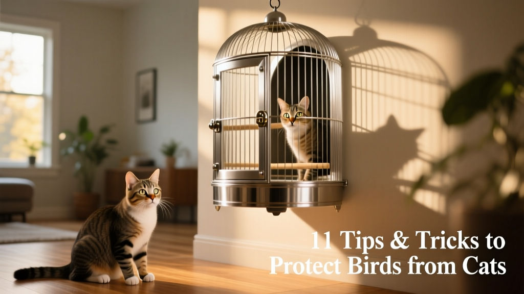 A stainless steel bird cage mounted high on a wall, with a closed door separating the room from a curious cat on the other side