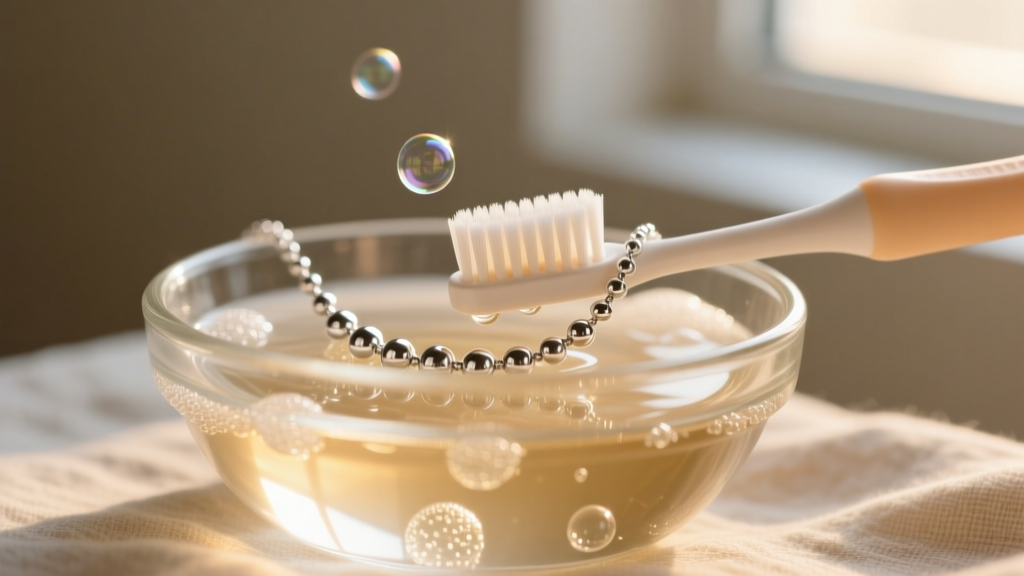Soft baby toothbrush scrubbing crevices of a silver bubble necklace submerged in a small glass bowl of warm soapy water.