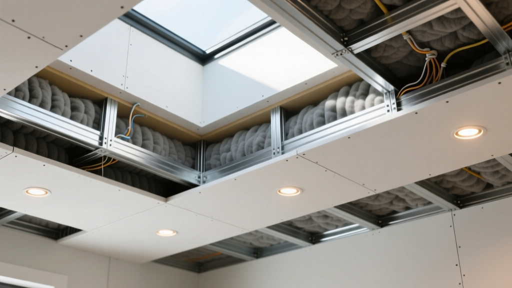 Cross-section architectural rendering of a suspended gypsum board ceiling showing metal furring channels, acoustic batt insulation, and recessed LED lighting details