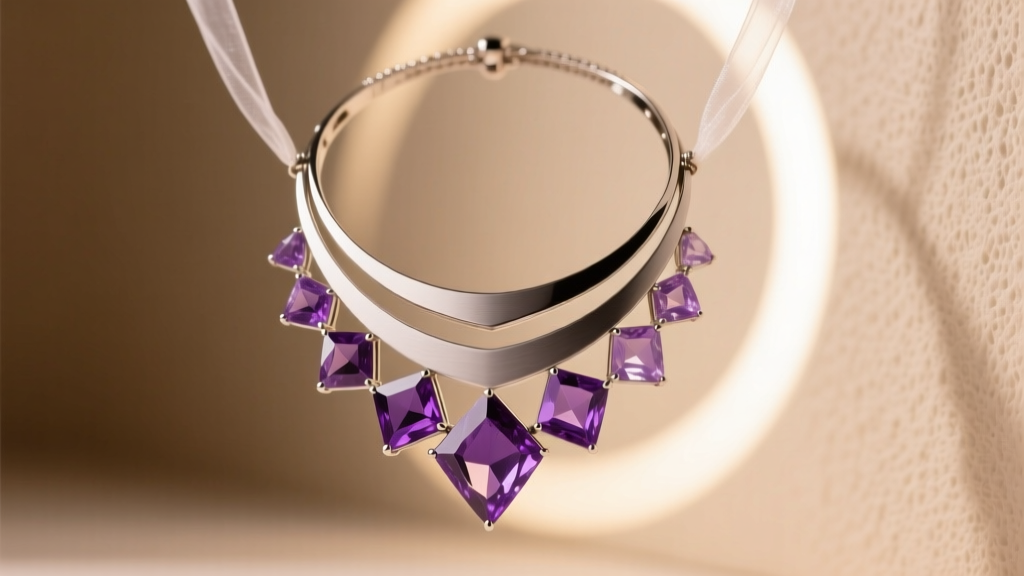 Close-up of a layered matte titanium and amethyst twitches necklace on a streamer, lit by a soft ring light in a cozy studio.