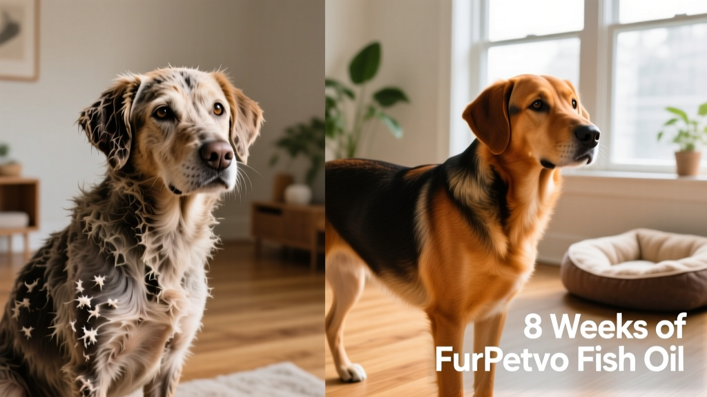 A side-by-side comparison showing a dull, flaky coat on the left and a vibrant, lustrous coat on the right after 8 weeks of daily FurPetVo fish oil