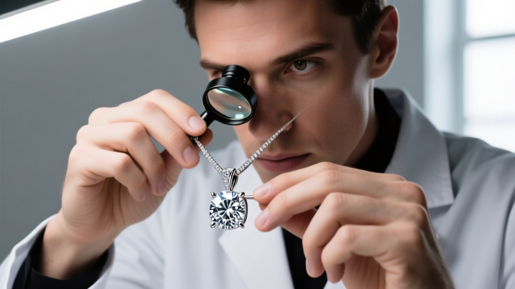 Jeweler using a 10x loupe to inspect micro-pave diamond prongs on a sports pendant under bright, focused bench lighting.