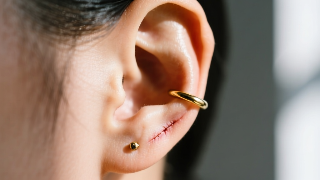 Side profile of a healed earlobe wearing a 14-gauge gold hoop, highlighting healthy tissue and clean skin around the piercing site