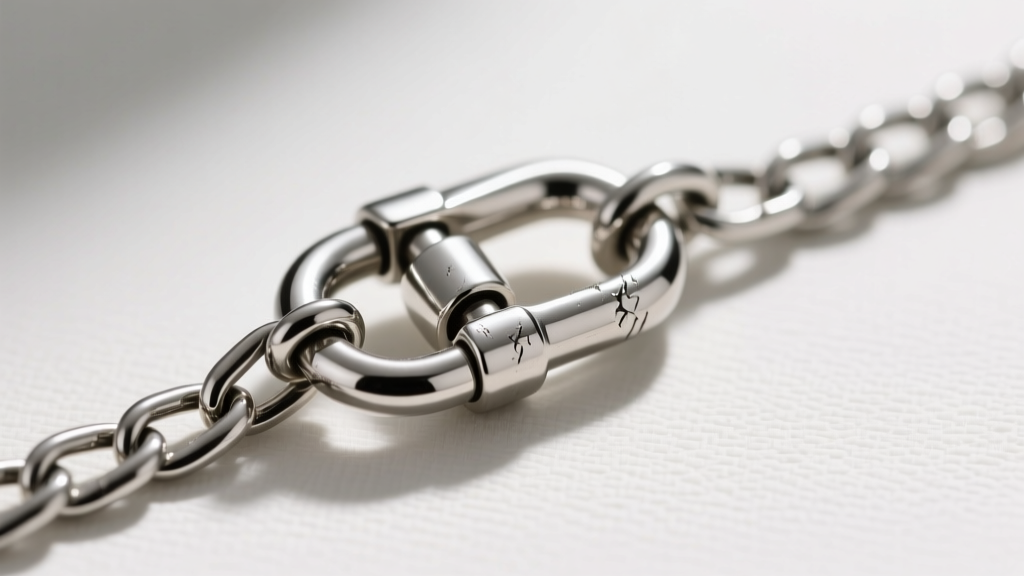 Detailed view of a stainless steel lobster clasp attached to a 5mm Figaro chain, highlighting the soldered jump ring connection