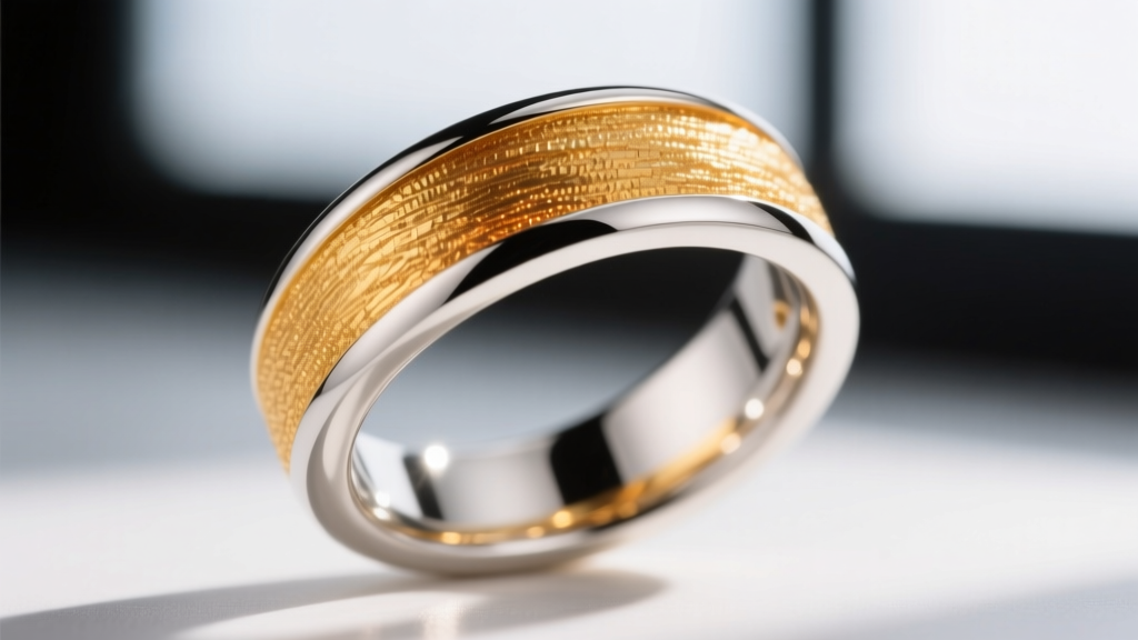 Macro shot of a luxury demi-fine ring showing thick 2.5-micron 18k gold plating over a 925 sterling silver base at the band edge