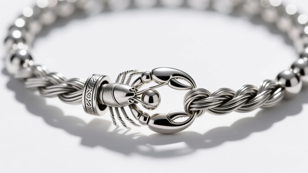Detailed view of sterling silver lobster clasp and crimp bead finishing a 49-strand stainless steel wire on beaded necklace