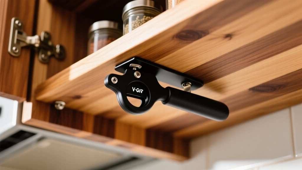 Underside of a wooden kitchen cabinet showing a black plastic V-Grip jar opener wedge mounted near the spice rack with screws.