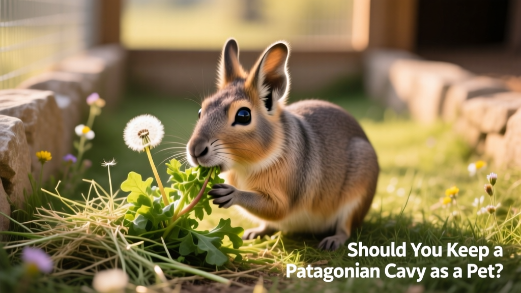 A Patagonian cavy nibbling fresh dandelion greens and timothy hay in a clean, grass-lined enclosure