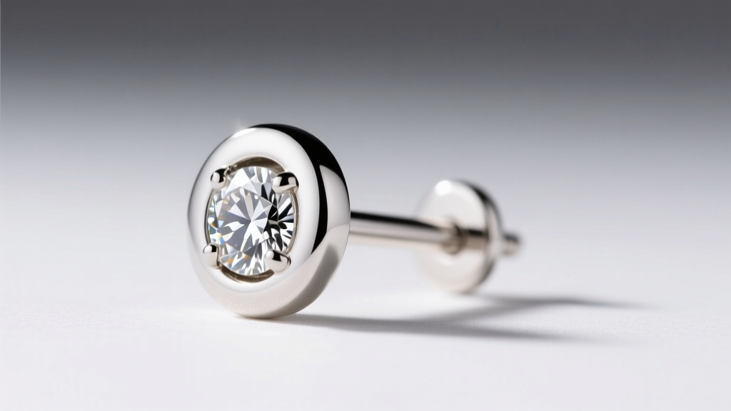 Side profile of an 18k white gold bezel-set tiny diamond stud, showing the smooth metal rim and secure friction post backing.