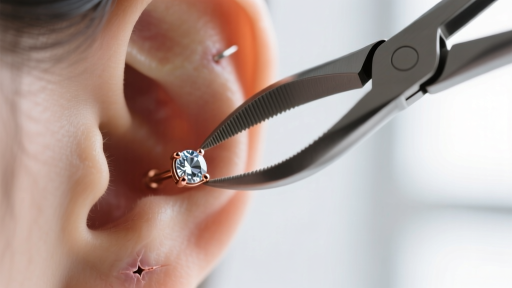 Rubber-tipped hemostats gripping a gemstone threadless earring end to safely extract it from a fully healed ear cartilage piercing