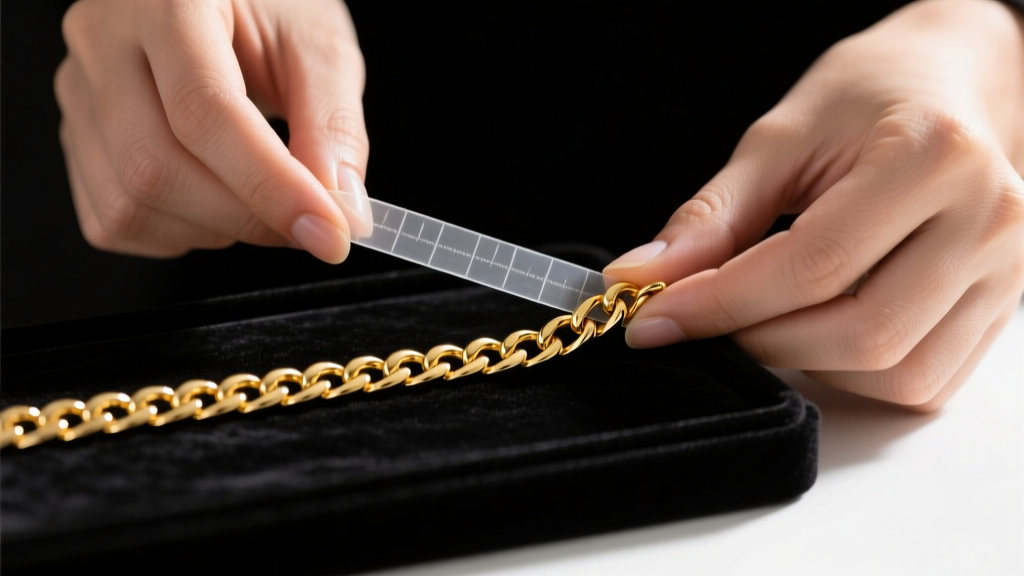 Jeweler hands using flexible fabric tape to measure an 18-inch 14k yellow gold Cuban link chain on a dark velvet pad.