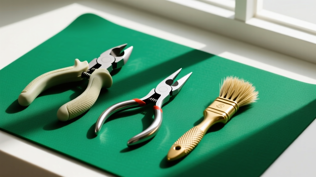 Flat lay of jewelry repair tools including nylon-jaw pliers, flush cutters, and a brass brush on a green self-healing mat.