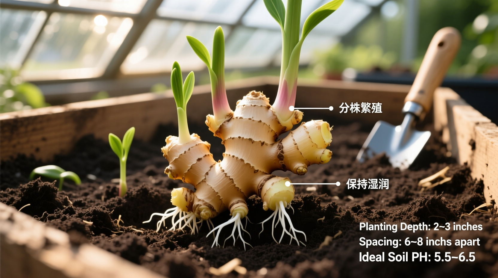 Ginger rhizomes growing in container garden with healthy foliage