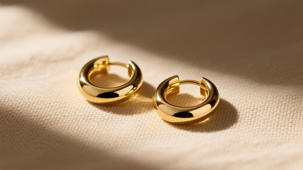 Flat lay of Dorsey gold vermeil huggie earrings on textured beige linen, illuminated by soft and directional morning sunlight