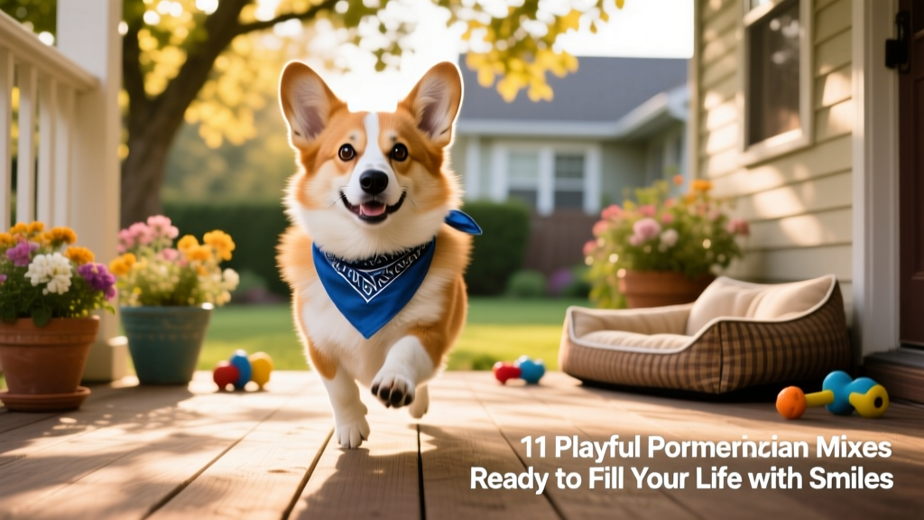 corgi Pomeranian mix with corgi face wearing blue bandana