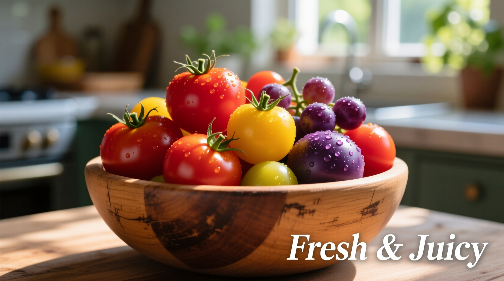 Colorful cherry and grape tomatoes in a wooden bowl