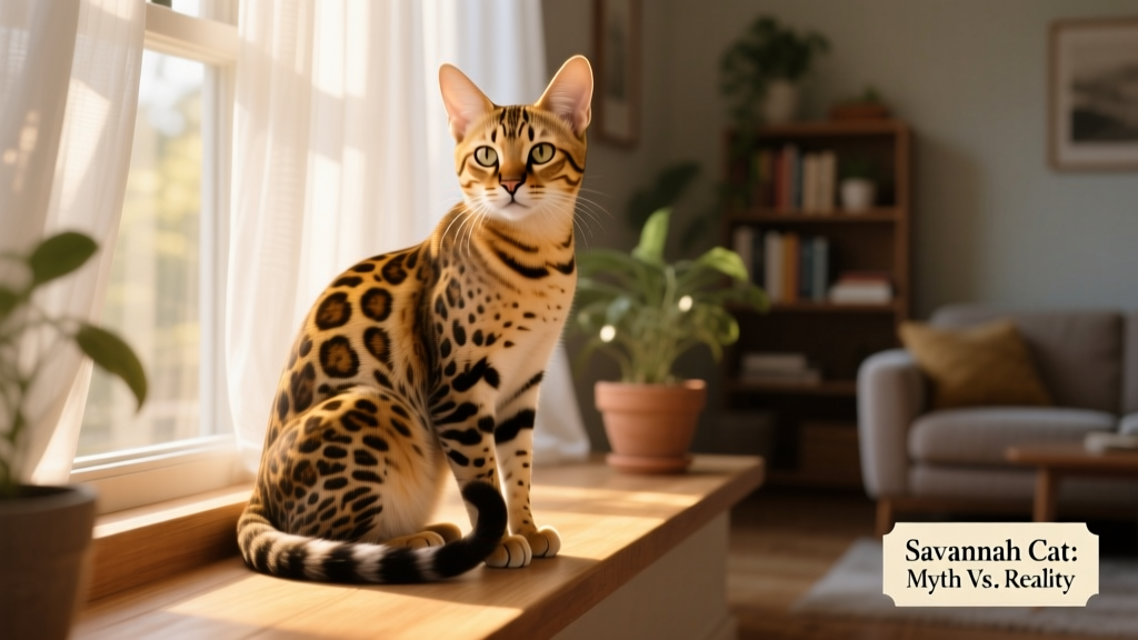 A friendly, medium-sized Savannah cat sitting calmly on a sunlit windowsill, ears upright and tail gently curled