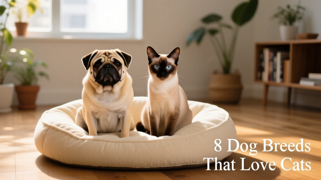 A Pug and a Siamese cat sitting side by side on a cushioned pet bed, both looking relaxed and content