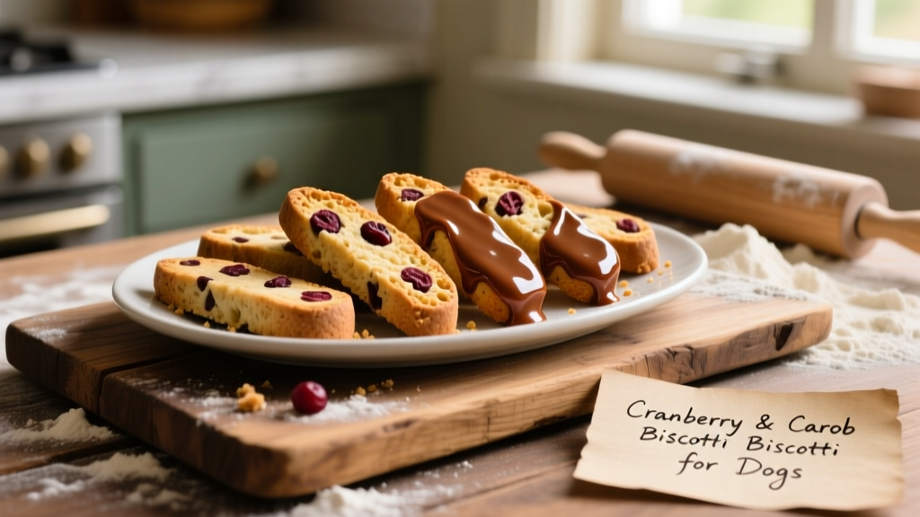 Homemade dog biscotti laid out on a rustic wooden board, some dipped in glossy carob glaze