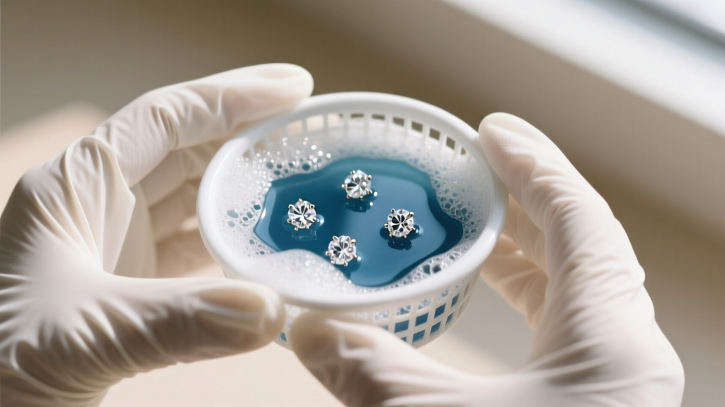 Nitrile gloves holding a small ultrasonic cleaner basket filled with soapy water and several diamond screw-back stud earrings