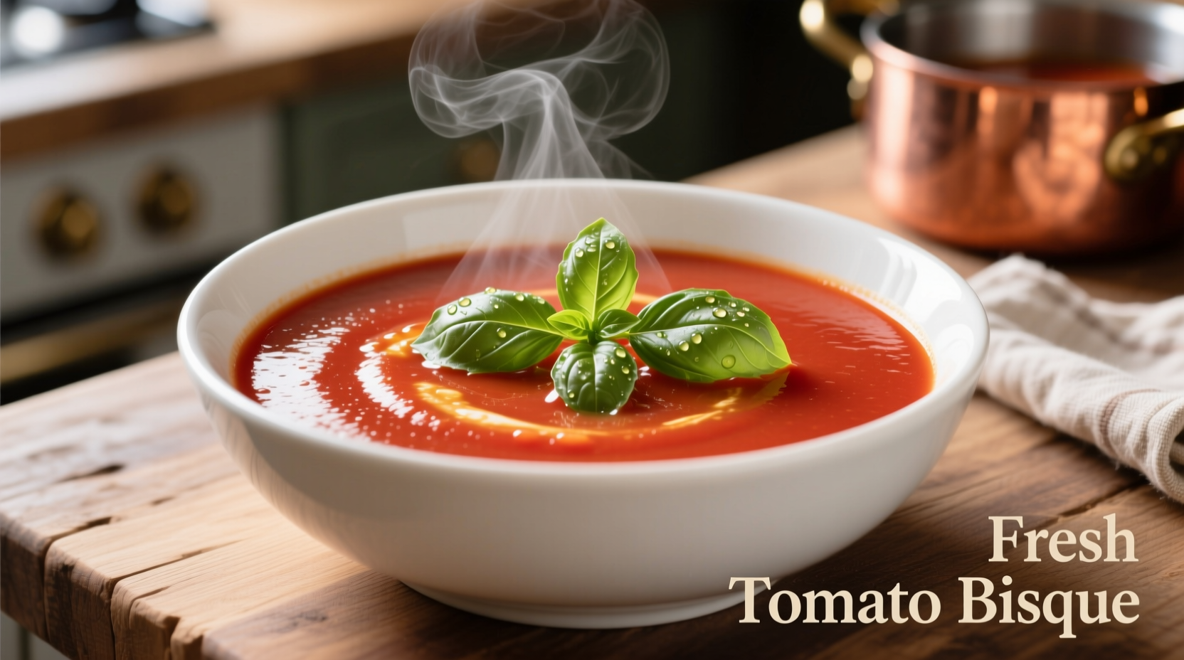 Fresh tomato bisque soup in white bowl with basil garnish