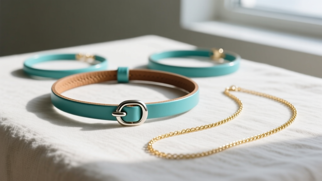 Flat lay of turquoise chokers on linen, showing a leather cord with a silver toggle clasp and a delicate gold-filled chain.