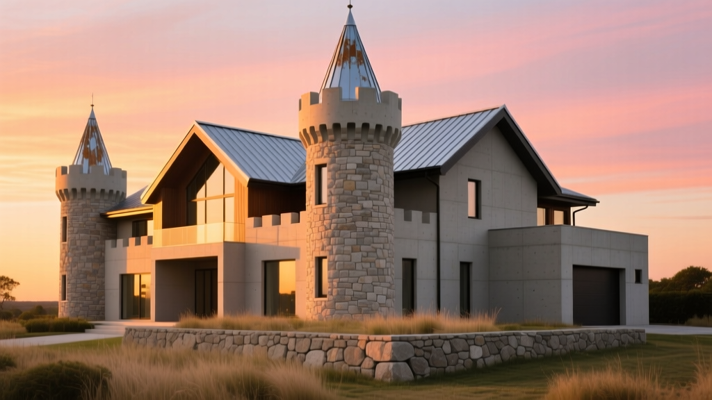 Modern residential castle built with insulated concrete forms, faux stone veneer turrets, and a standing seam metal roof at sunset