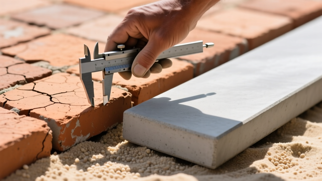 Close-up of a mason measuring the thickness of a tumbled clay brick paver next to a smooth architectural concrete paver on a sandy base