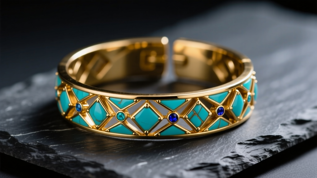 Macro shot of an architectural gold-plated brass cuff bracelet with turquoise inlays on dark slate under moody studio lighting.