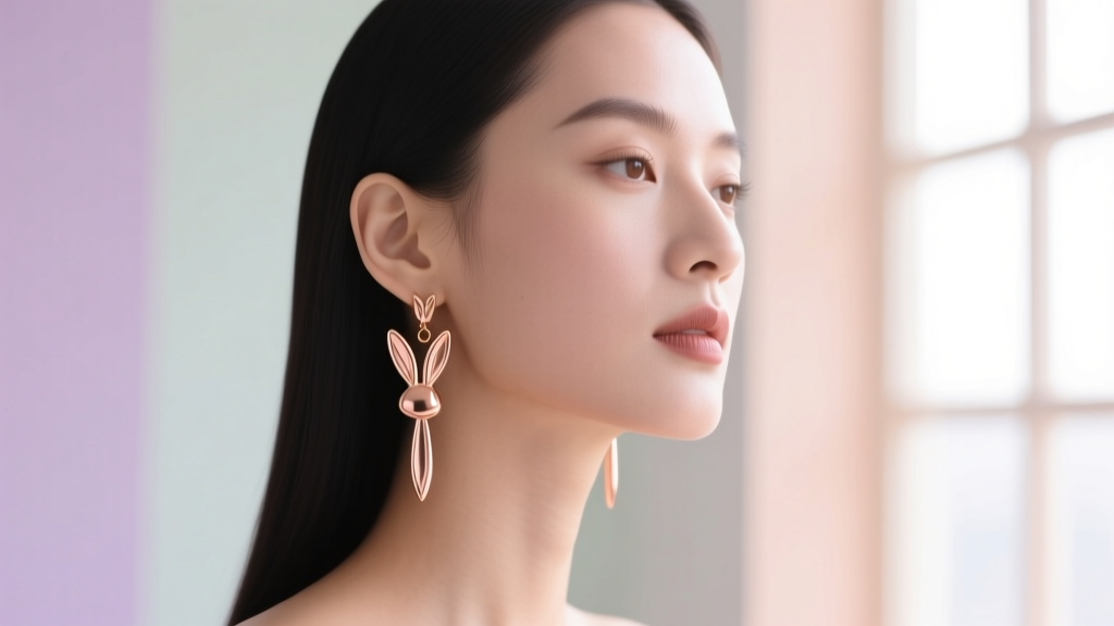 Side profile of a woman with a square jawline wearing elongated rose gold bunny dangle earrings against a soft pastel background