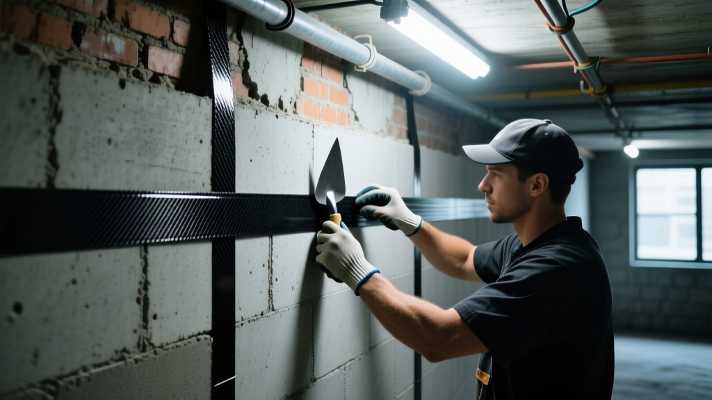 Contractor applying black carbon fiber straps with epoxy to a bowed concrete block basement wall under bright LED work lights
