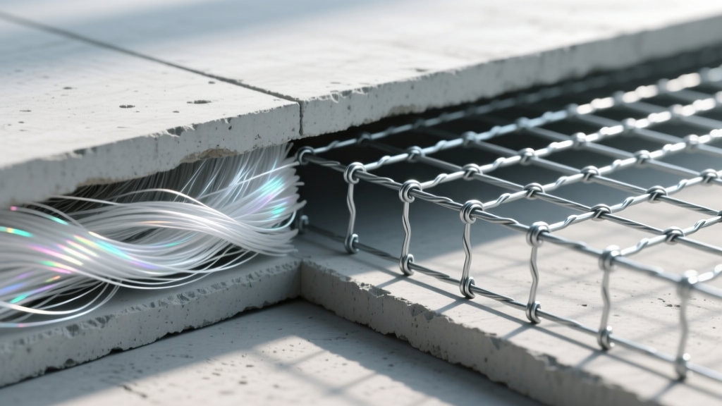 Cross-section of a concrete slab showing dispersed polypropylene fibers on the left and a welded wire mesh grid on the right