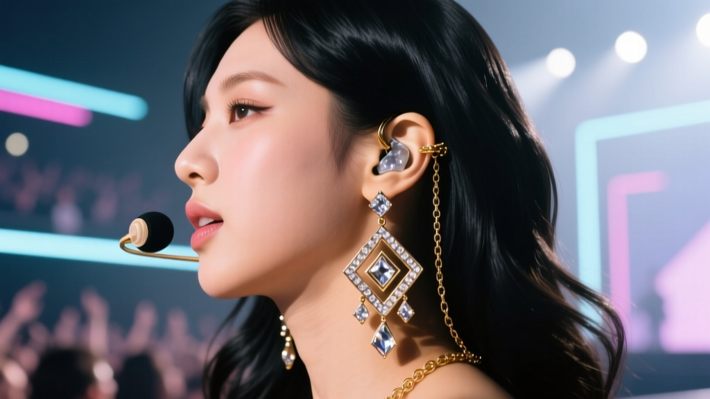 Side profile of a K-pop idol wearing heavy statement drop earrings supported by a delicate gold ear jacket chain on stage.