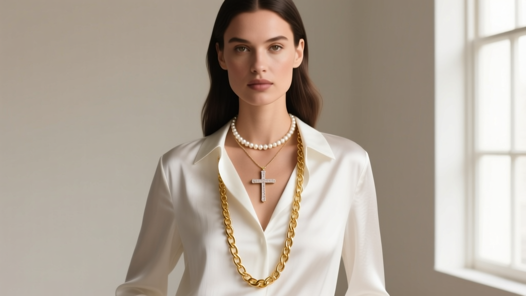 Model wearing a layered stack with a Stella and Dot cross pendant, pearl choker, and long gold rolo chain over a white blouse.