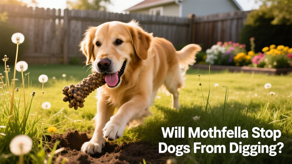 Dog happily playing with a durable chew toy in a grassy backyard