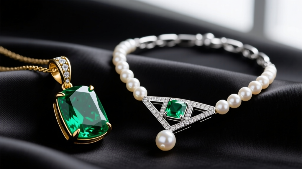 Macro shot comparing a vintage prong-set emerald pendant to a sleek 2026 bezel-set emerald and pearl lariat necklace on dark silk.