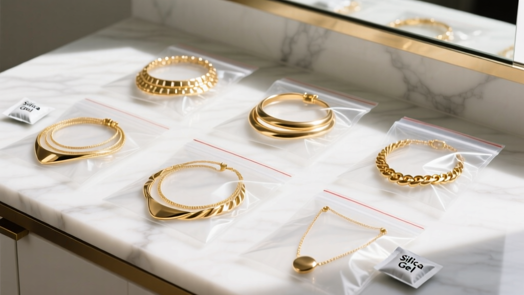 Flat lay of layered gold necklaces stored in anti-tarnish ziplock bags with silica gel packets on a white marble vanity top